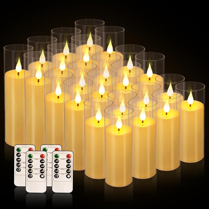 Flickering Flameless Candles Battery Operated with Remote,Led Pillar Candles with Realistic Moving Wick Candles for Halloween,Christmas,Home Decor Pack of 24 (D2.2 xH 5" 6" 7")(Ivory)