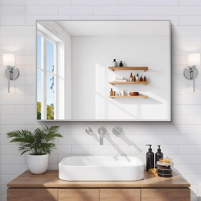 Silver Bathroom Mirror for Wall, 24x32 Inch Rectangle