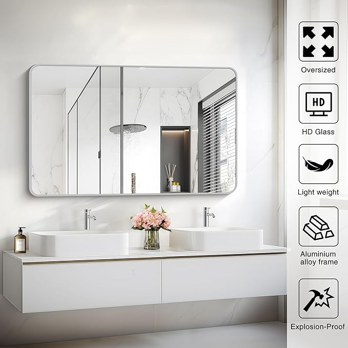 48x30 Inch Silver Bathroom Mirror, Metal Framed Silver Rectangle Mirrors
