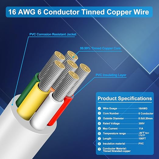 16 Gauge 6 Conductor Electrical Wire, 100FT Low Voltage 16/6 Tinned Copper