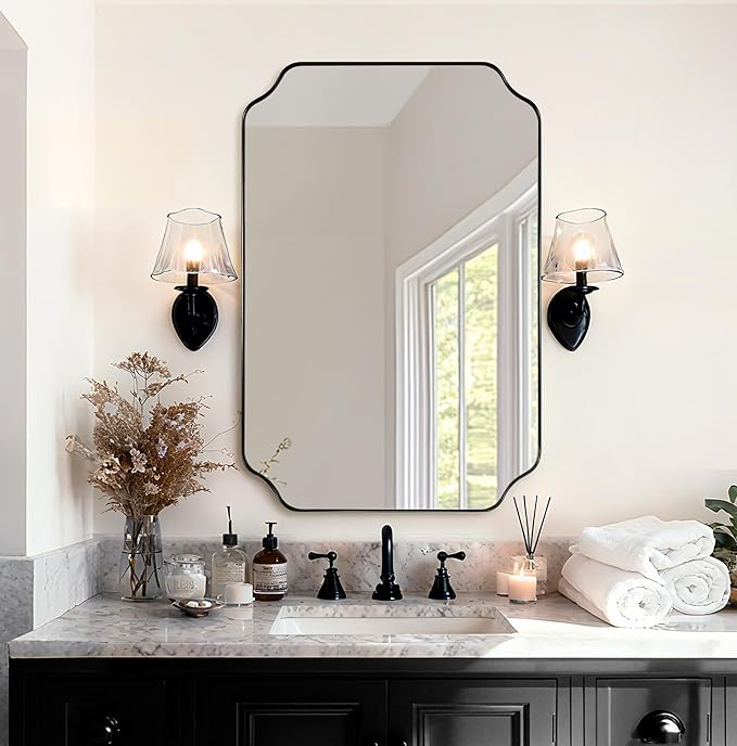 ANDY STAR Matte Black Mirror 26x38 Inch, Scalloped Wall Mirror, Unique