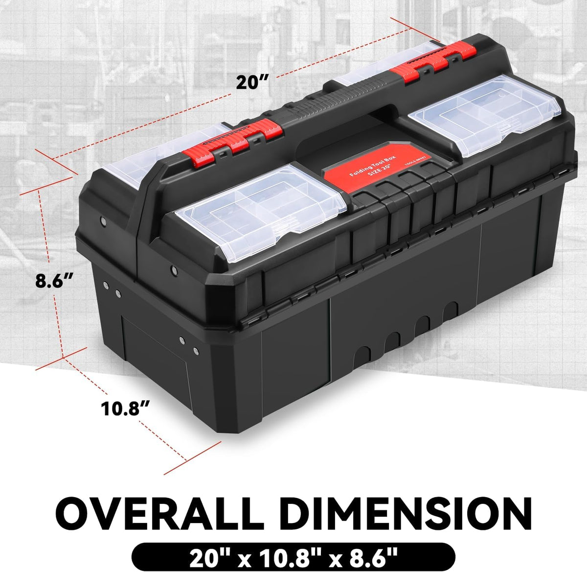 auto dynasty foldable 2-layer tool box w/non-slip handle, front angle view