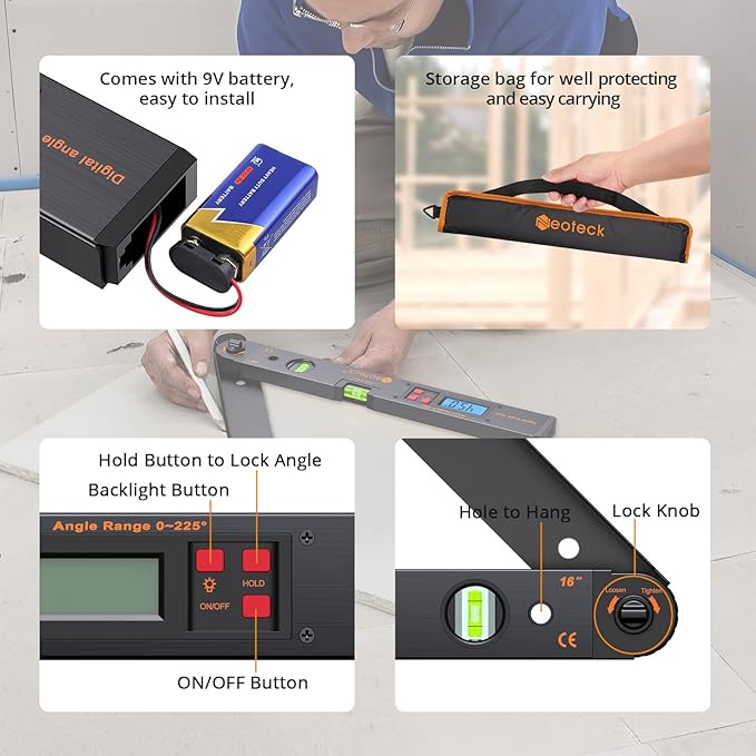 Neoteck Aluminum Digital Angle Finder Protractor 225° 16 inch Backlit LCD