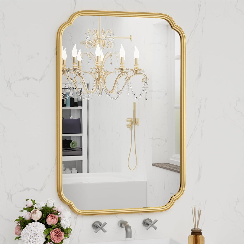 Gold Bathroom Vanity Mirror for Wall 24" x 36" Modern Rounded Rectangle Mirror