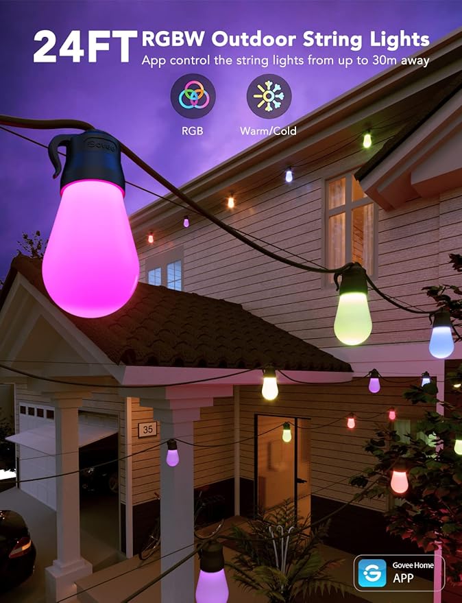 Govee Smart Outdoor String Lights H7029, 24ft RGBIC Outdoor Lights