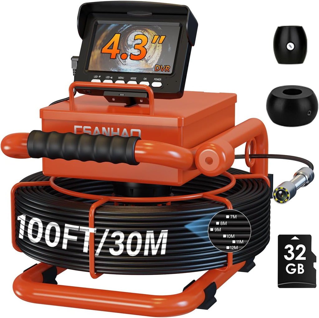 Sewer Camera 100FT/30M Borescopes Plumbing Snake Pipe Inspection Camera DVR & Audio Recorder 17MM with 5600Mah Battery 4.3" IPS Screen 12 LEDs HD 1000TVL 32GB Card