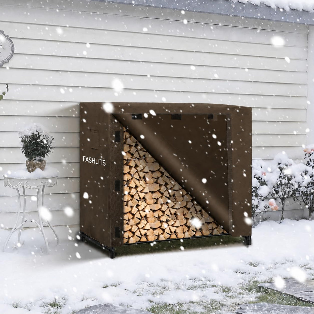 4ft firewood rack cover, waterproof heavy duty 600d on a desk or shelf