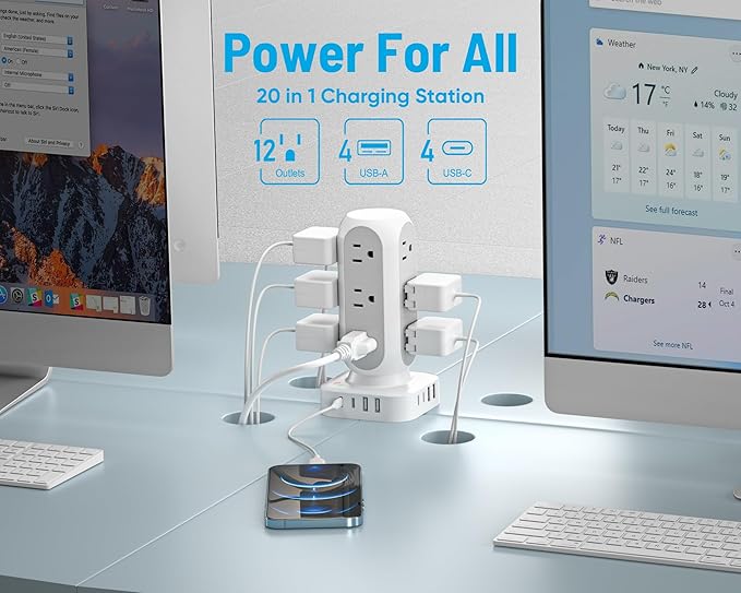 Flat Plug Power Strip Tower 15FT, 40W Total Fast Charging Station, Dual PD 20W
