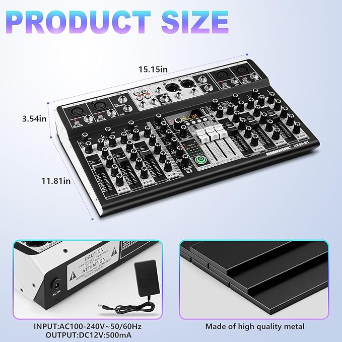 8 Channel Audio Mixer DJ Mixer Sound Board Console 16 Dsp USB Audio Interface