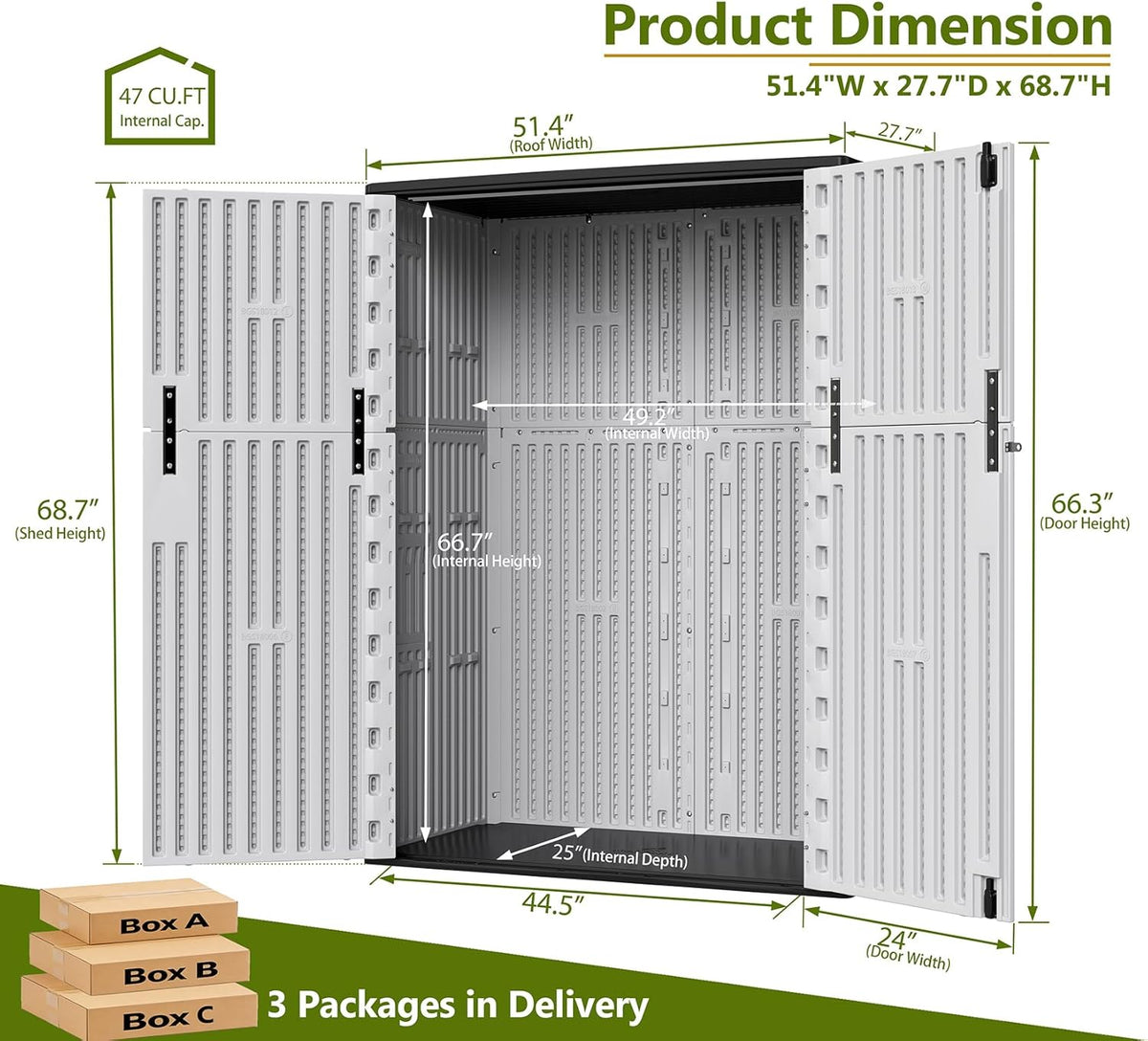 zzm 57 cu.ft outdoor storage shed hdpe storage showing dimensions