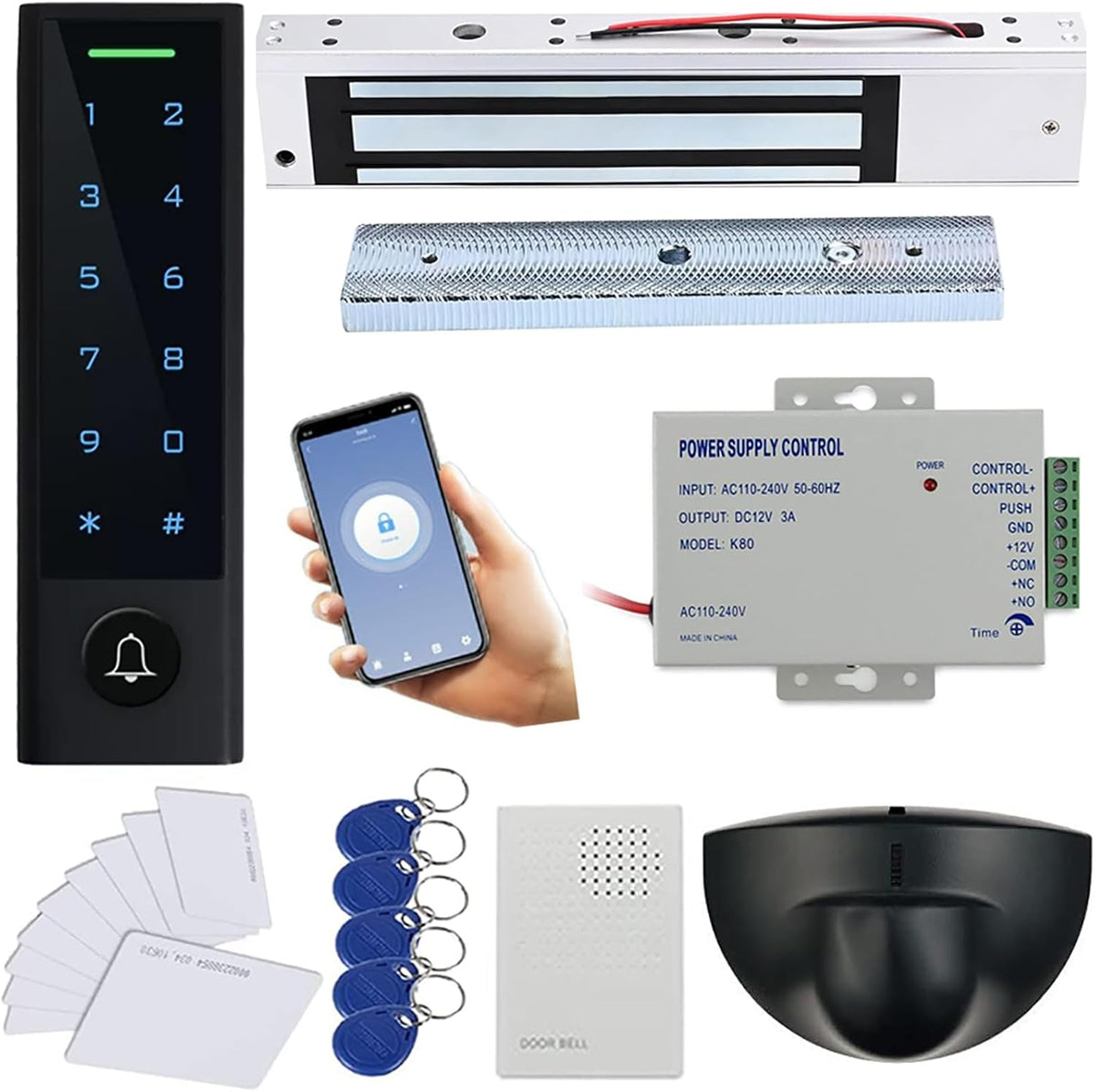 MENGQI-CONTROL WiFi Remote Manage IP66 Watreproof Access Control Keypad 600lbs Magnetic Lock Request to Exit PIR Motion Sensor Smart Phone App Remote ADD/Delete User