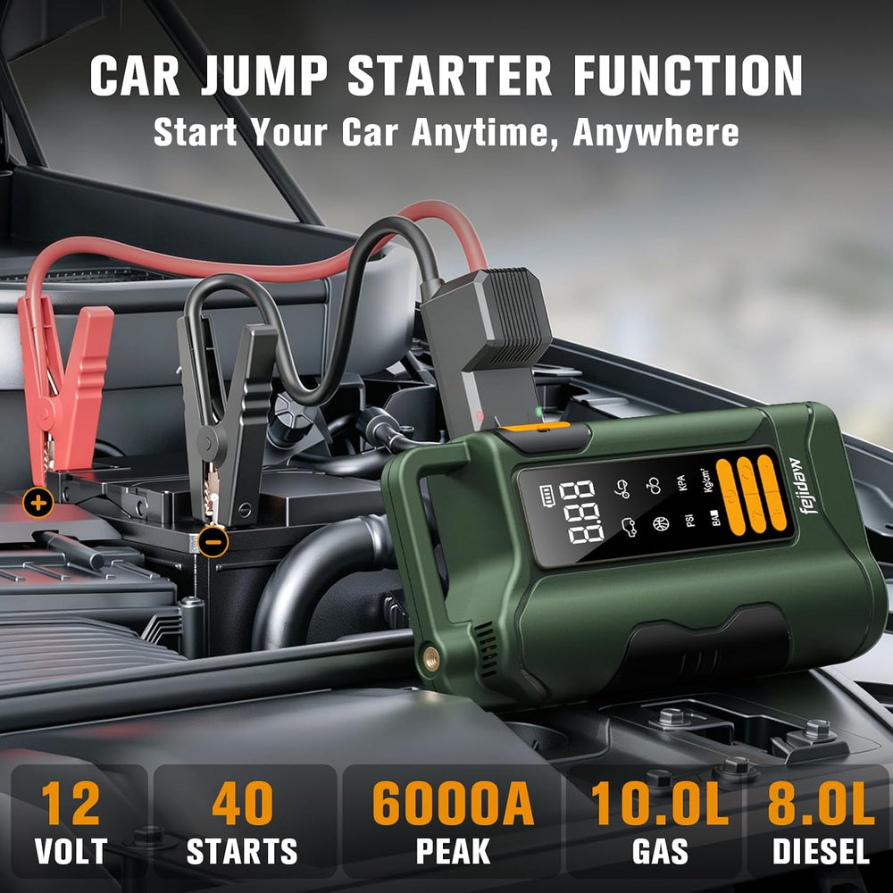 6000A Jump Starter with Air Compressor, 160PSI, 20000mAh, Car for 10L Gas/8L ...