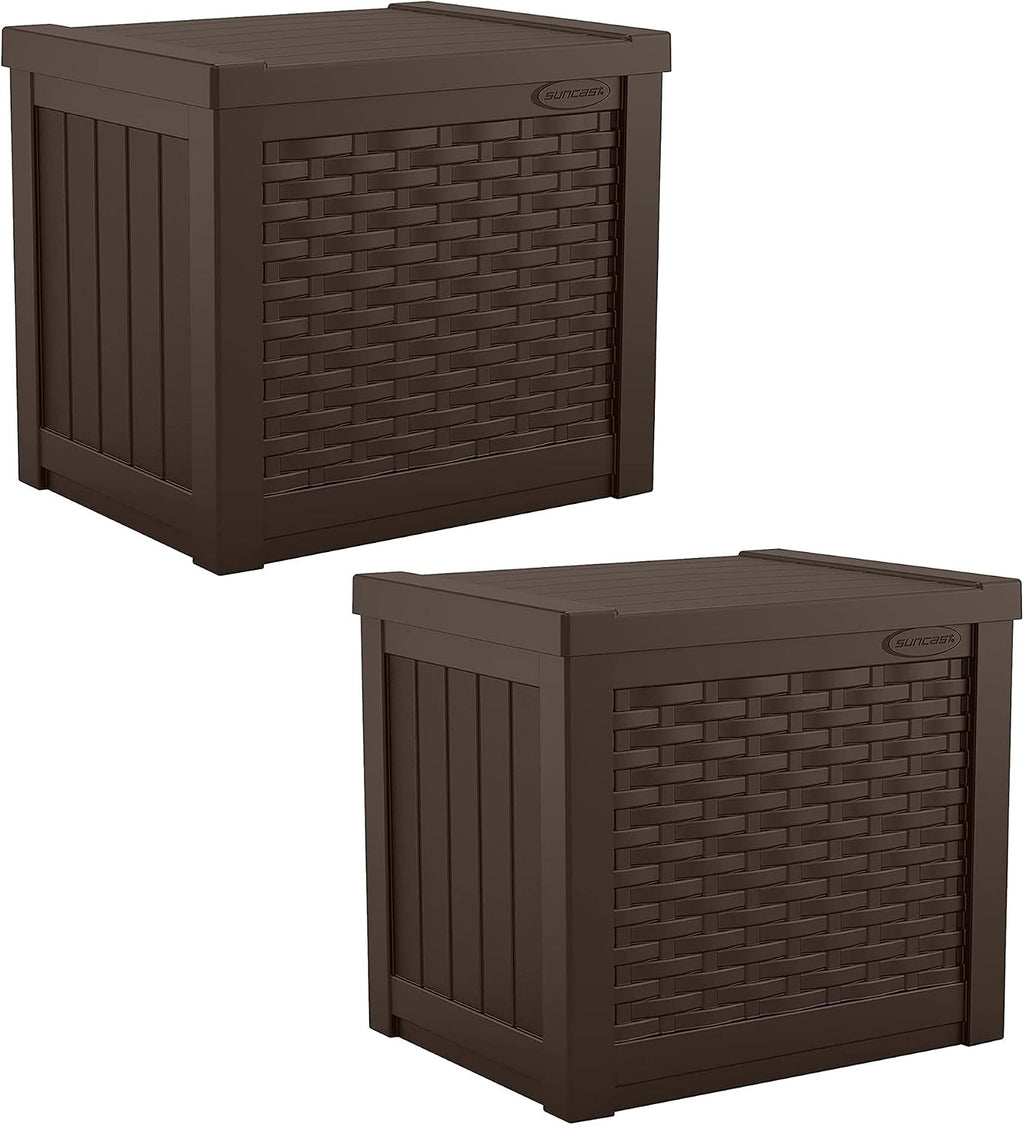 Suncast 2 Pack 22-Gallon Small Deck Box - Lightweight Resin Storage Container and Seat for Patio Cushions and Gardening Tools - Store Items on Patio, Garage, 22.5"L x 17"W x 22.5"H, Yard - Java Brown