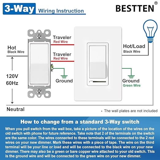 BESTTEN 10 Pack Dimmer Light Switch, Single Pole or 3-Way, Slide Dimmer Switches