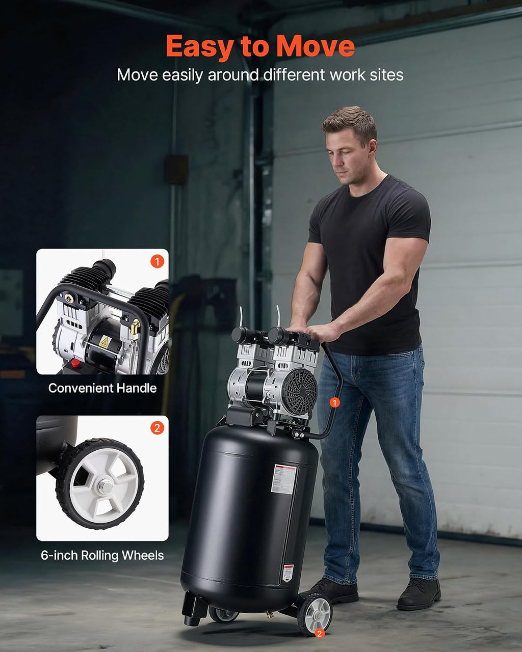 VEVOR 20-Gallon Air Compressor, 2HP 4.5 SCFM at 90PSI, Max 125PSI Pressure Oil-Free Air Compressor Tank, Portable on Wheels for Auto Repair, Tire Inflation, Spray Painting, Woodwork Nailing, 120V