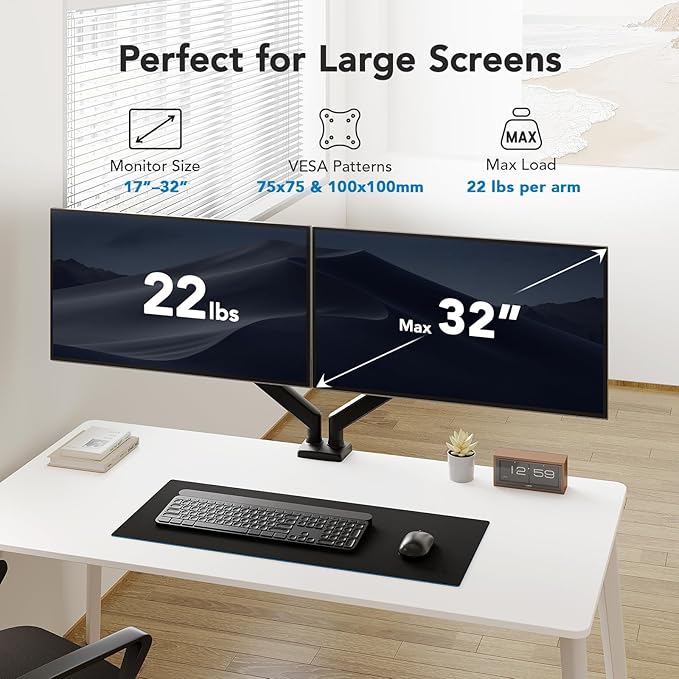 HUANUO Dual Monitor Mount for 2 Monitors up to 32 inches, Each Arm Holds Max