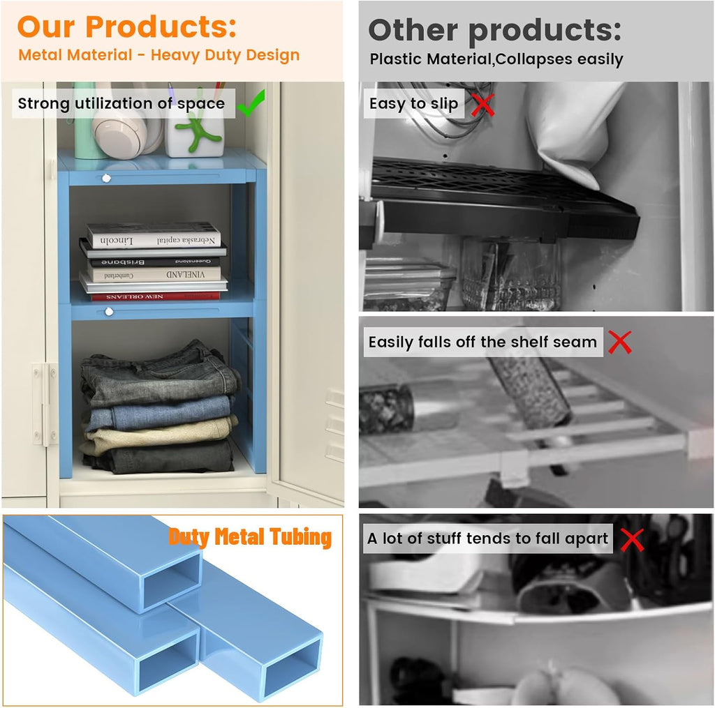 lidtop locker shelf blue, adjustable width and height showing dimensions