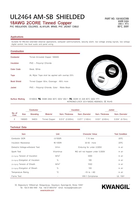 KWANGIL 2C 18AWG AMSB Shielded Cable Wire
