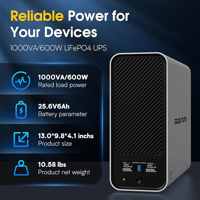 GOLDENMATE 1000VA/600W Lithium UPS Battery Backup and Surge Protector, Backup