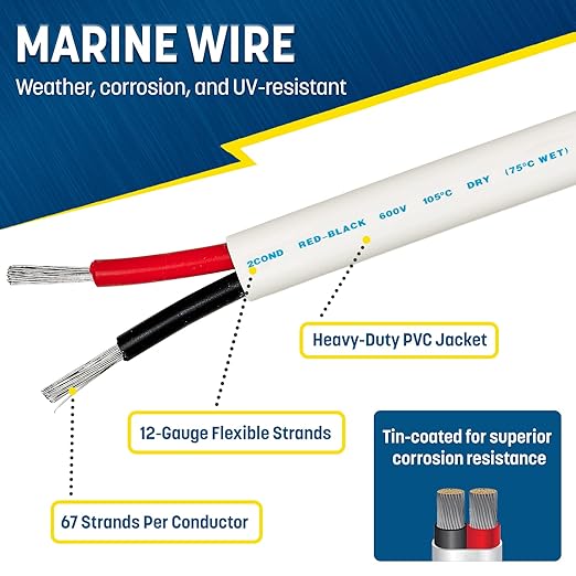 GS Power 50 Ft Duplex Marine Wire, 12 Gauge Wire, Oxygen-Free Tinned Copper 12
