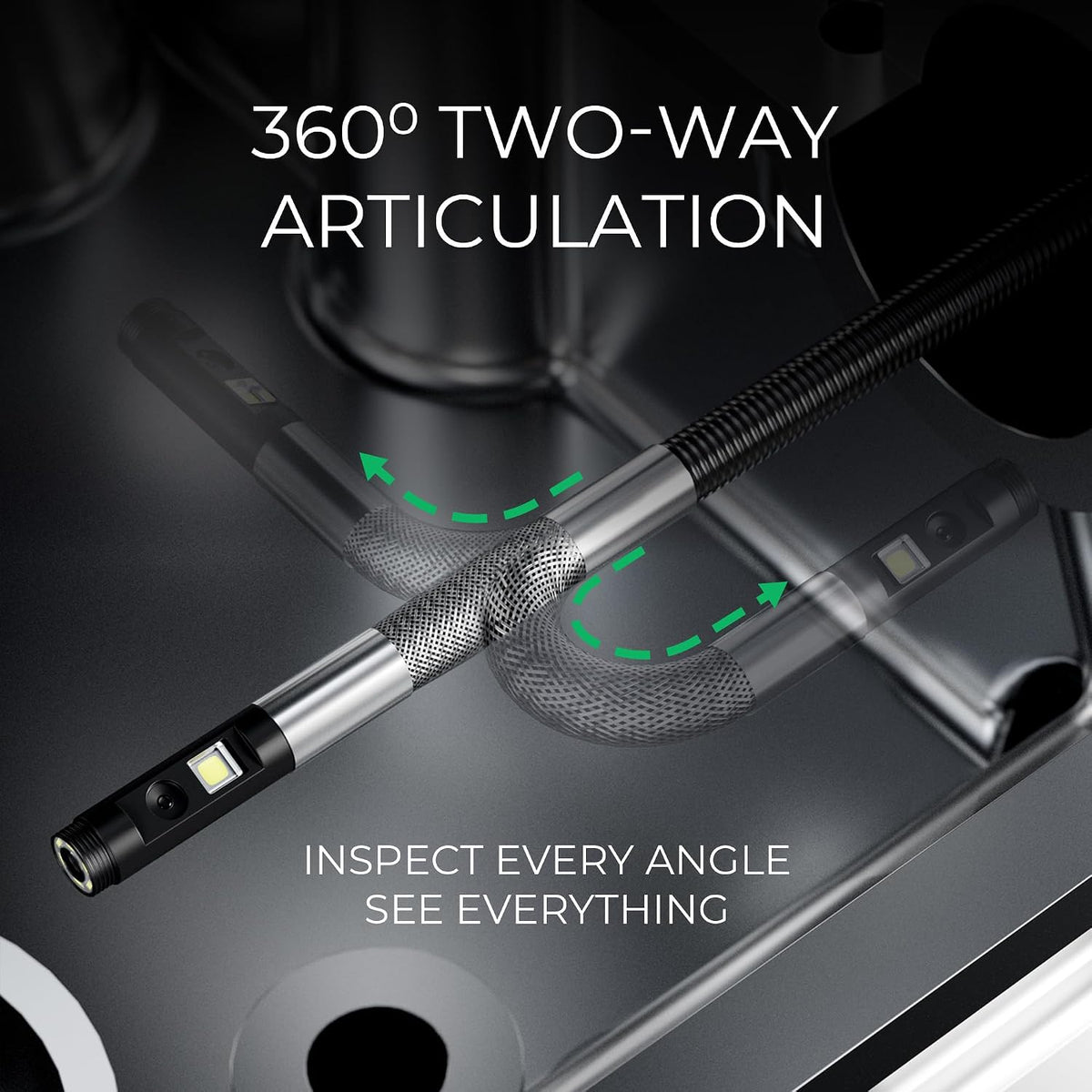 Two-Way Articulating Borescope, Dual Lens Inspection Camera with Light, 6mm Lens Snake Camera for Mechanic Inspections, and Plumbing, .24in Borescope Automotive, Industrial Endoscope, 5ft