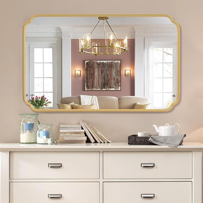 30"x48" Gold Bathroom Mirror for Wall, Large Brass Gold Bathroom Vanity Mirror