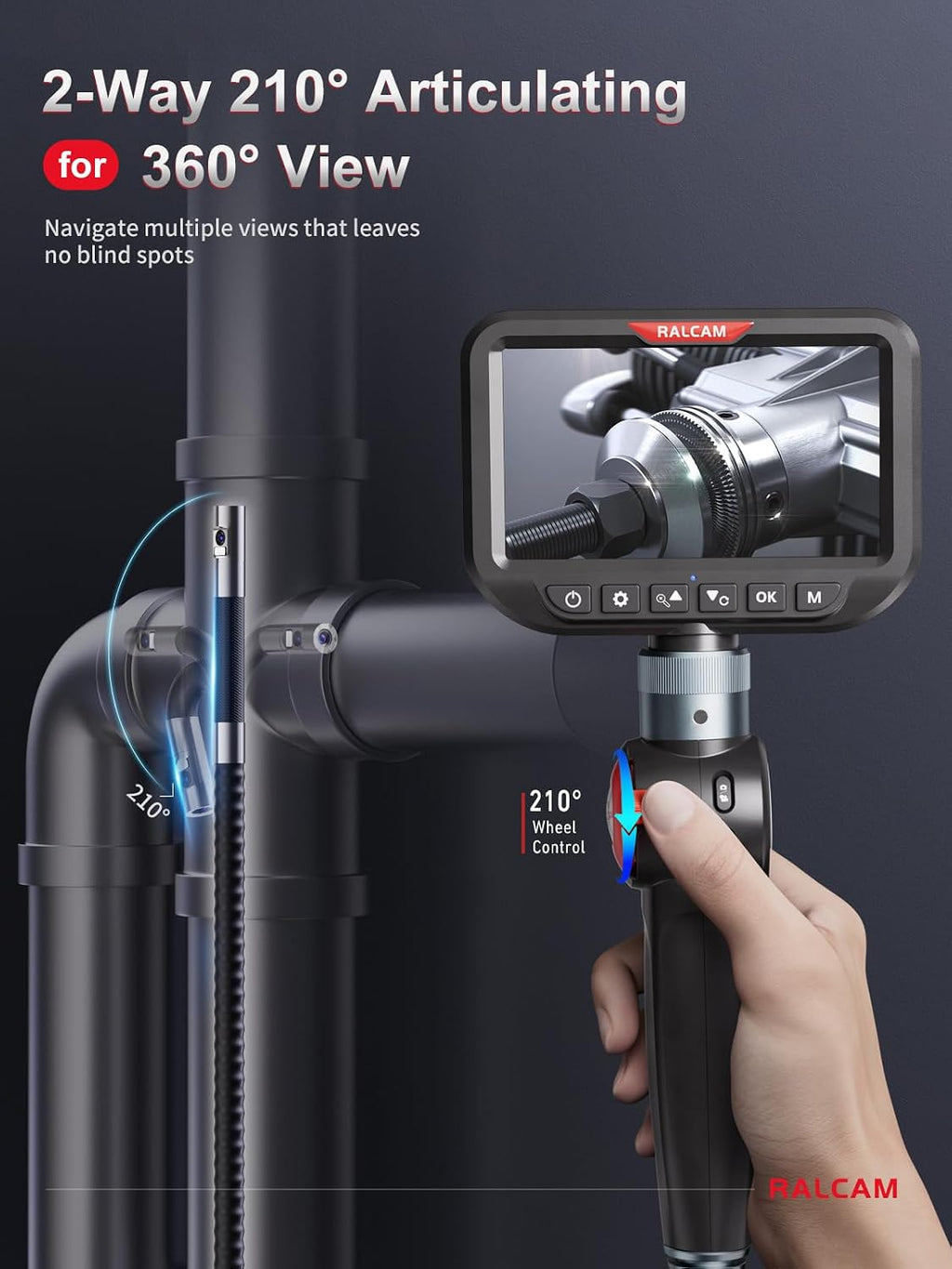 ralcam dual lens articulating borescope camera with light, side view