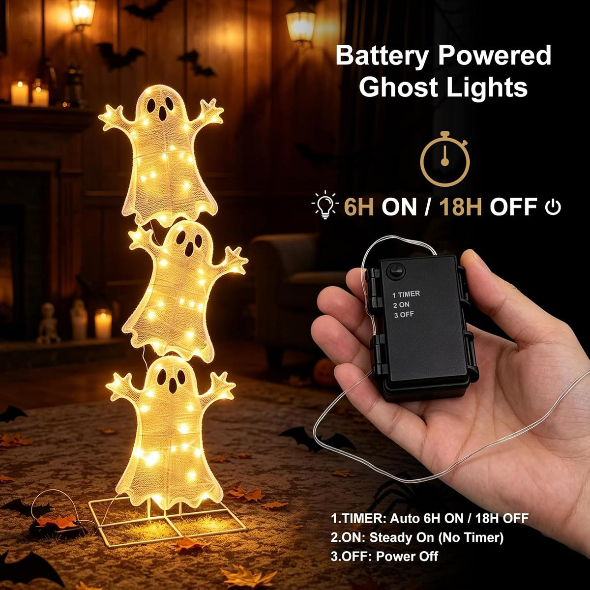 Halloween Decorations Lighted 3 Stacked Ghosts, Freestanding LED Ghost Yard Sign with Timer Battery Operated, Warm White Light Up Ghost Decor for Porch Lawn Garden Indoor Outdoor Holiday Display