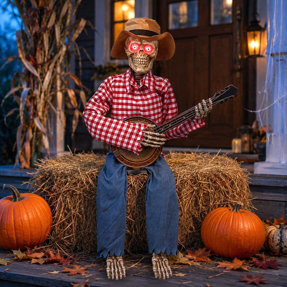 39" Halloween Animatronic Banjo-Playing Skeleton - Animated Scarecrow Co...