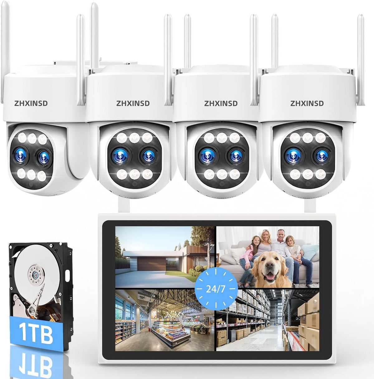 ZHXINSD 4K Security Camera System Wireless, Dual Lens 4MP+4MP 10X Zoom 2.4G/5G