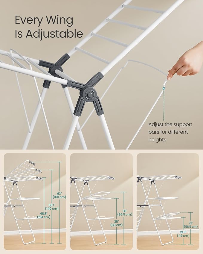 SONGMICS Clothes Drying Rack, Foldable 3-Level Laundry Rack, Free-Standing