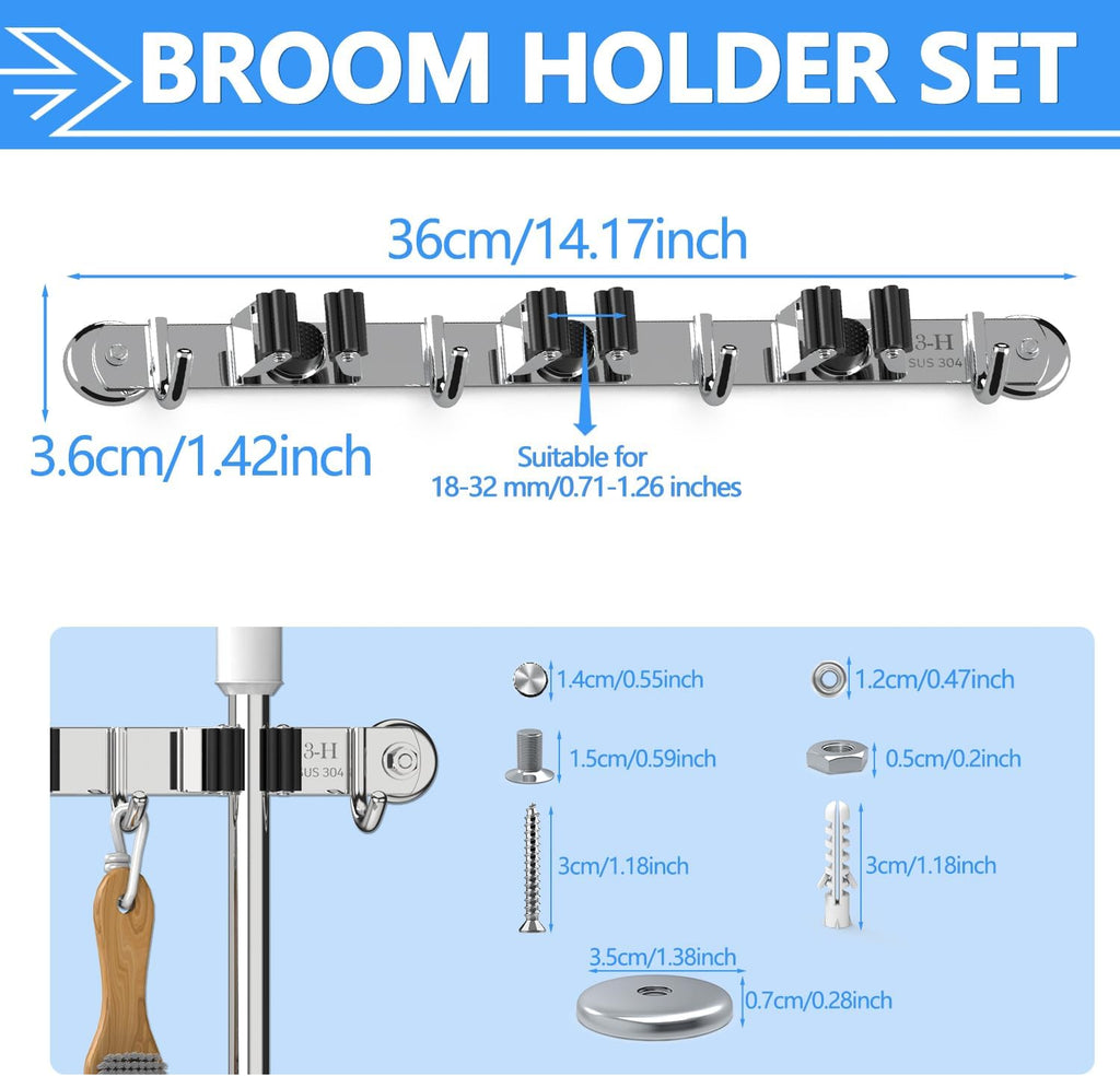 3-H Magnetic Broom Holder, 2 Pack, 3 Racks & 4 Hooks, Silver