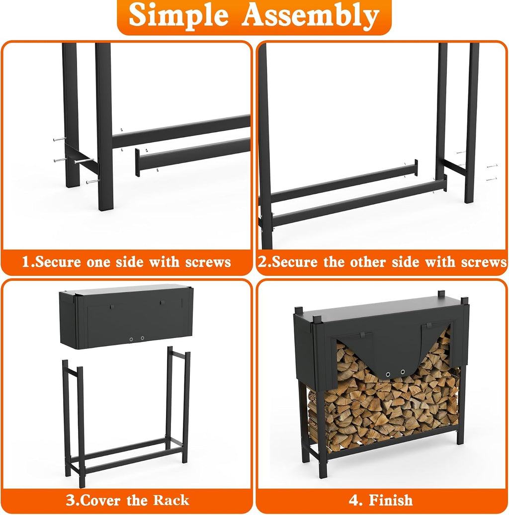 WALMANN Heavy-Duty Firewood Rack with Cover & Firewood Carry Bag, 4 ft