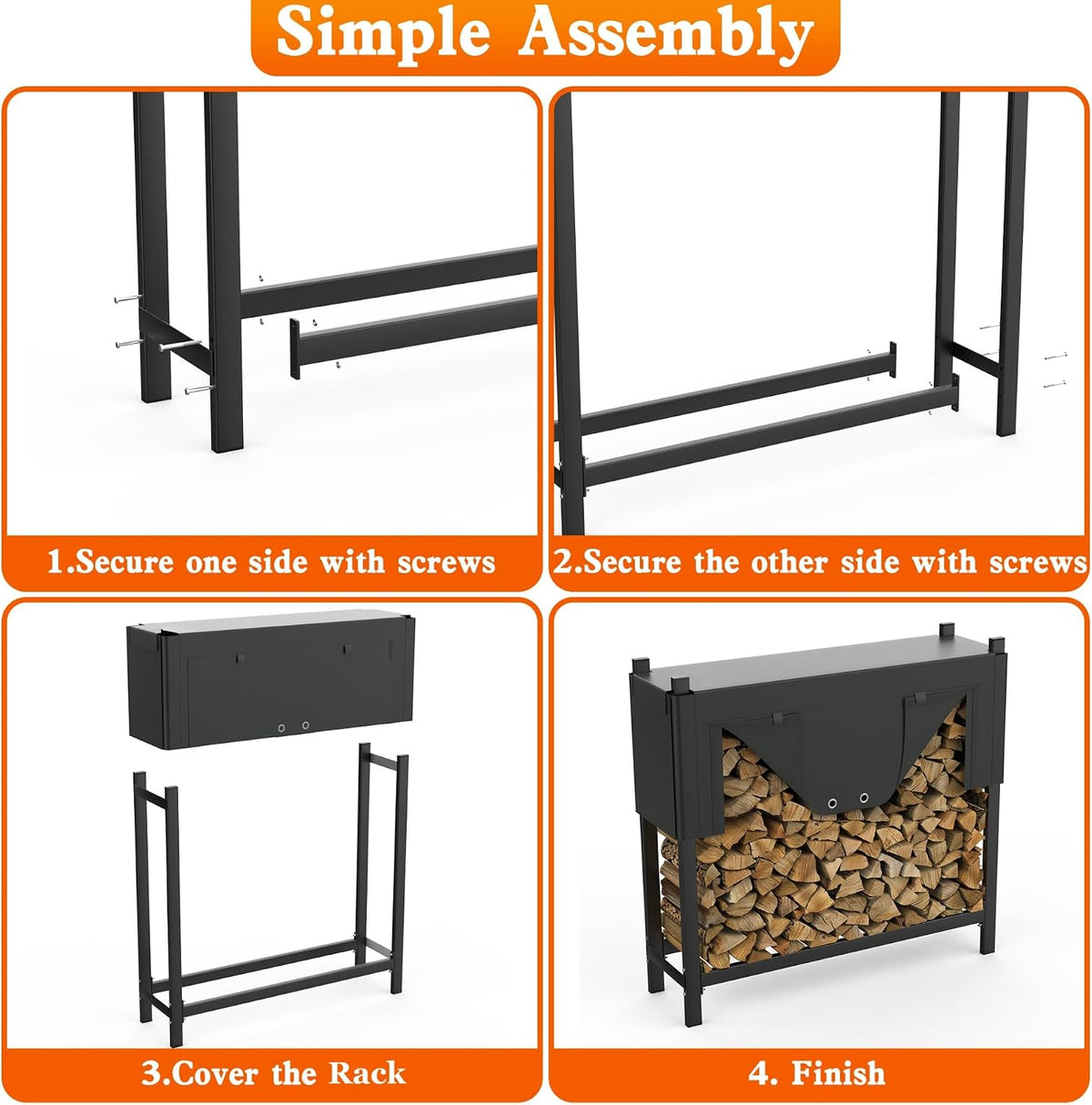 WALMANN Heavy-Duty Firewood Rack with Cover & Firewood Carry Bag, 4 ft