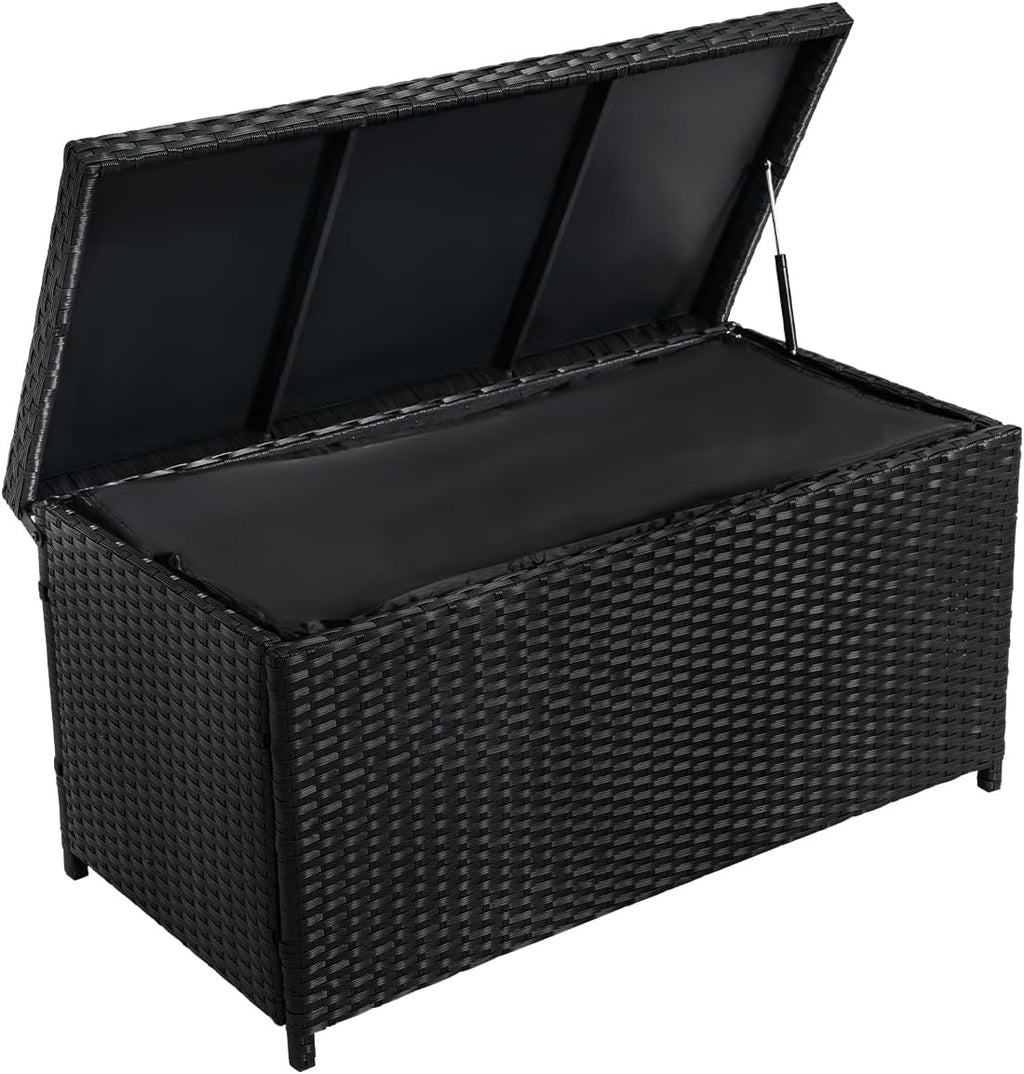 Sundale 70 Gallon Black Rattan Deck Storage Box with Hinged Lid