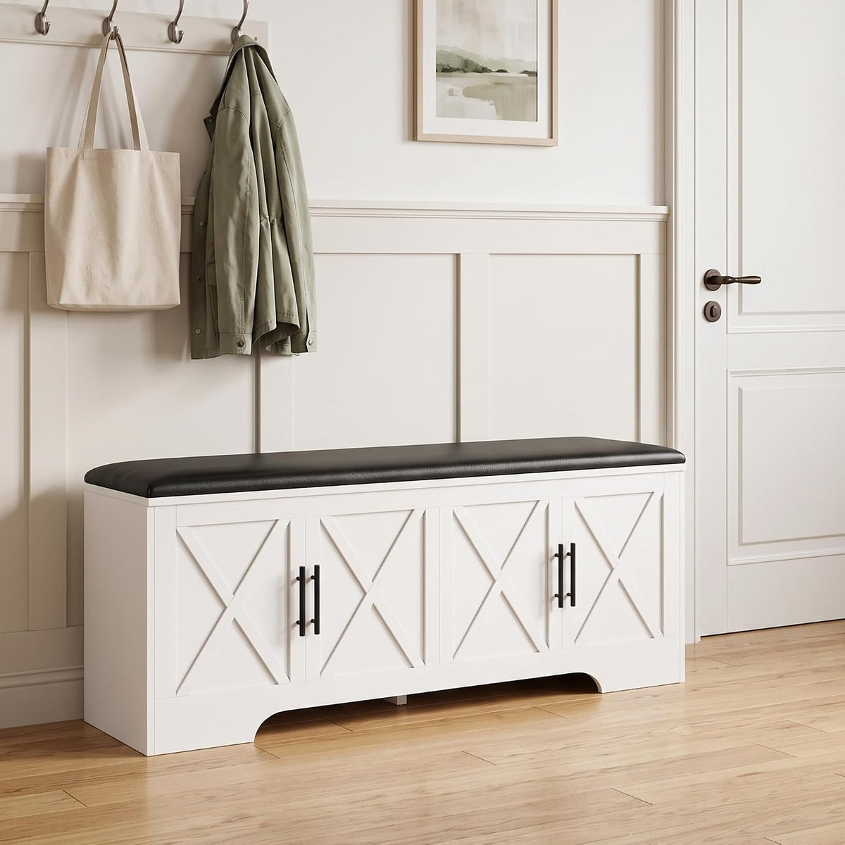 DreamDashio Storage Bench with Cushion, 47.2" End of Bed Storage Bench with Lift Top, Window Bench Seat with Storage for Bedroom, Mudroom, Entryway, Living Room & Hallway, White