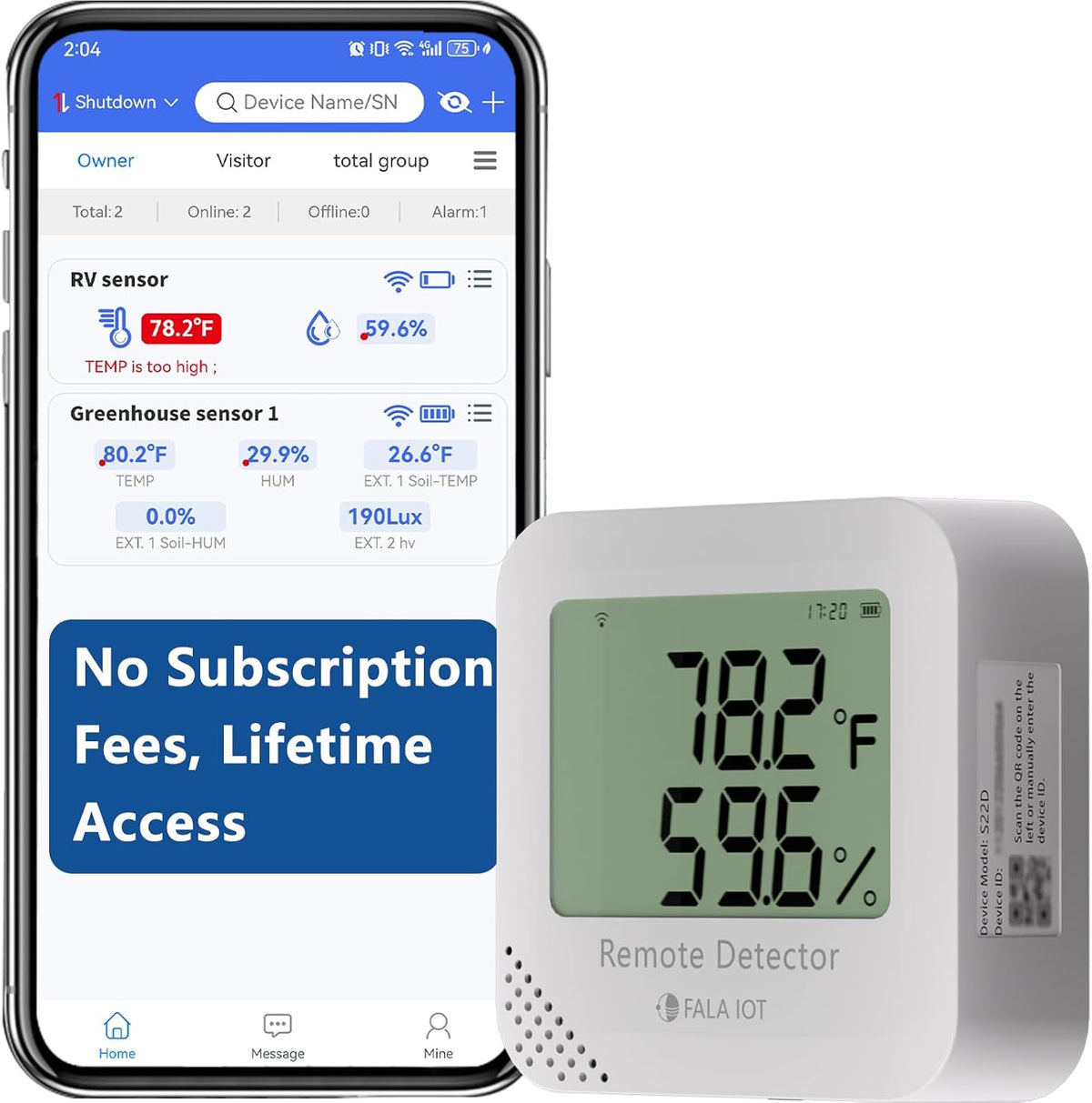 FALA IOT WiFi Temperature & Humidity Monitor, No Subscription 24/7 Remote Temp