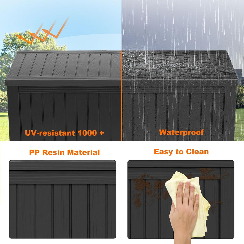 patiozen 180 gallon resin deck box, lockable patio, side view