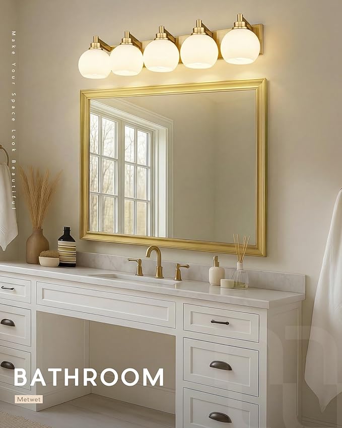 METWET Bathroom Light Fixtures, 5-Light Brushed Gold Bathroom Vanity Lights