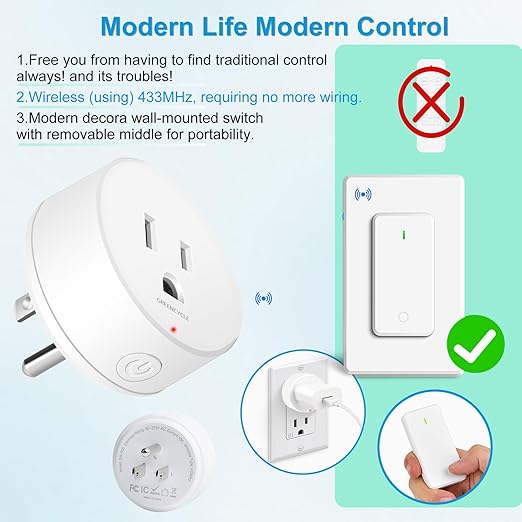 15 amp Plug with Remote, Wireless On/Off Light Switch Wall Mounted, TUV List