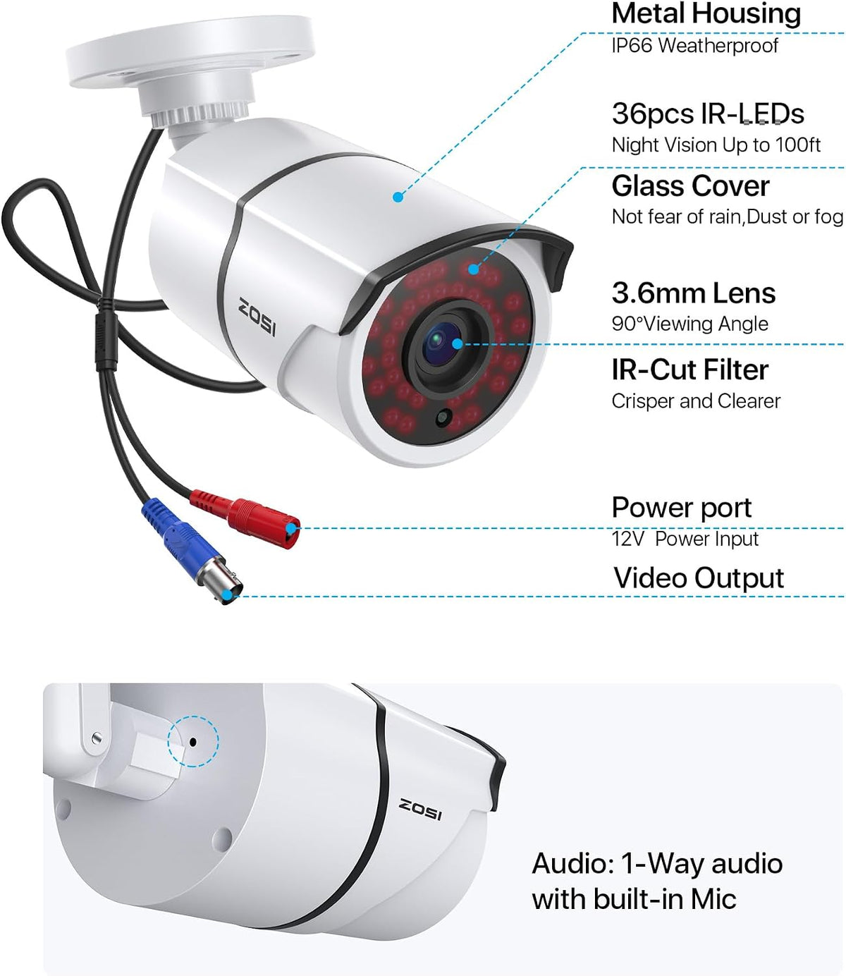 zosi 4 pack 2.0mp 1080p hd-tvi security cameras, front angle view