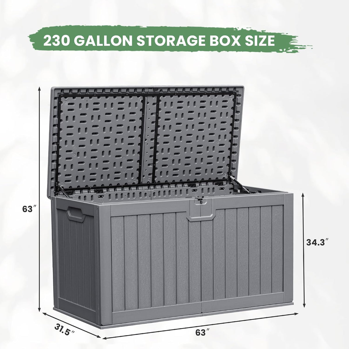 greesum 230 gallon hdpe outdoor storage box with, front angle view