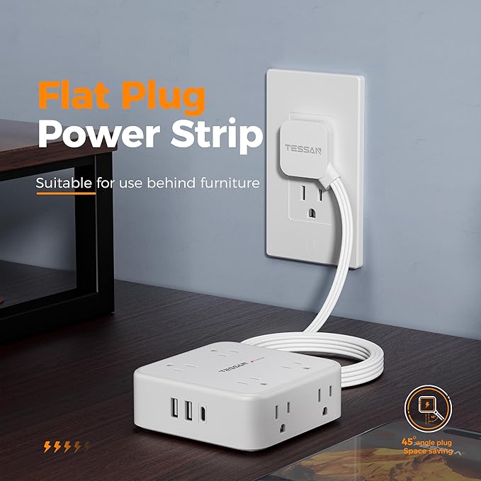 Surge Protector Power Strip, TESSAN 15 FT White Extension Cord Flat Plug