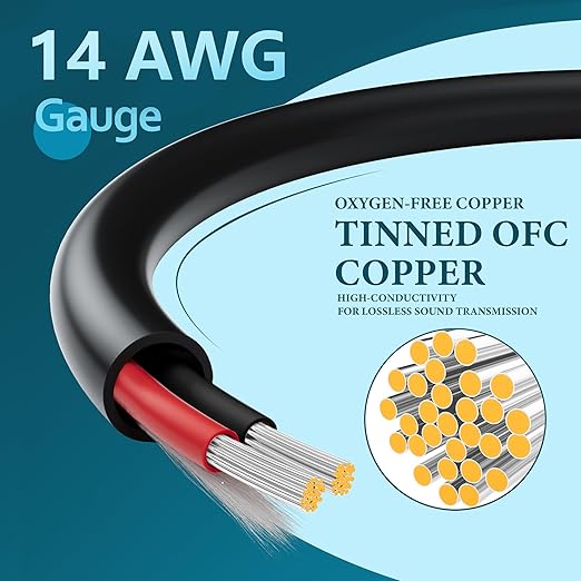 HiFind 14/2 Gauge Speaker Wire Cable 150 Ft-Tinned OFC Copper-UL CL3 Rated-