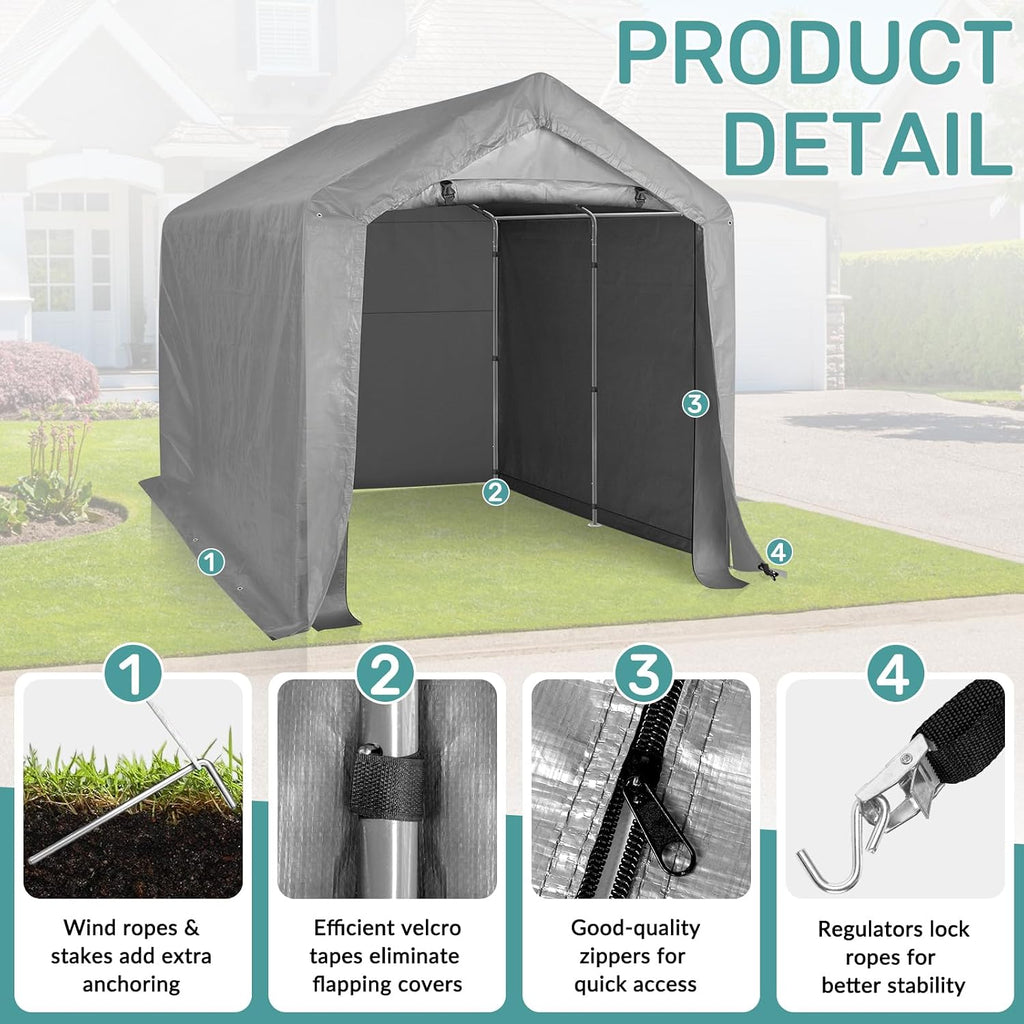 8ft x 8ft storage shed tent, galvanized steel, side view