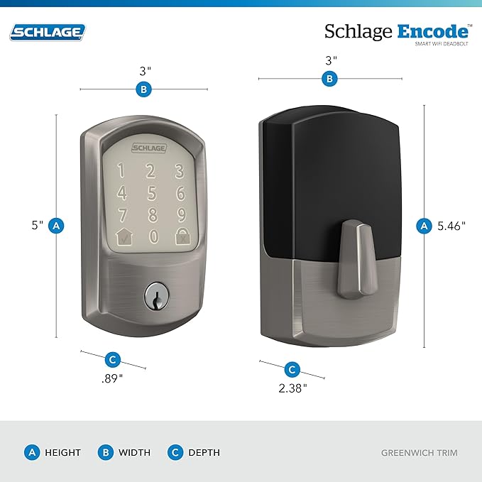SCHLAGE BE489WB GRW 619 Encode WiFi Deadbolt Smart Lock, Keyless Entry