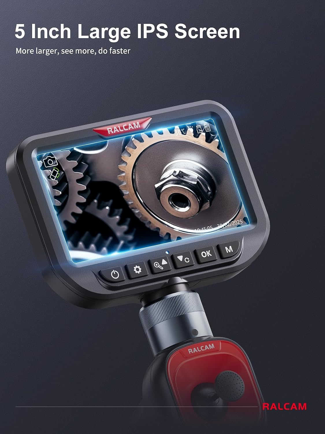 ralcam 360° articulating borescope dual lens, 0.25in slim, close-up detail