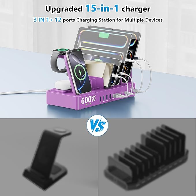 600w Charging Station for Multiple Devices, 15 in 1 Wireless Charger (2pack)