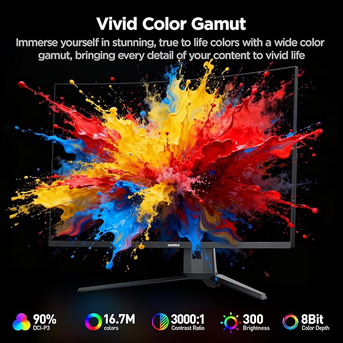 KOORUI 32 inch Curved Gaming Monitor, QHD 2K 170Hz 144Hz Monitor, 1ms 1500R