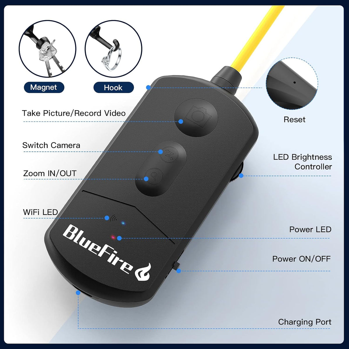 bluefire 11.5ft dual lens wireless endoscope camera, 1080p showing dimensions